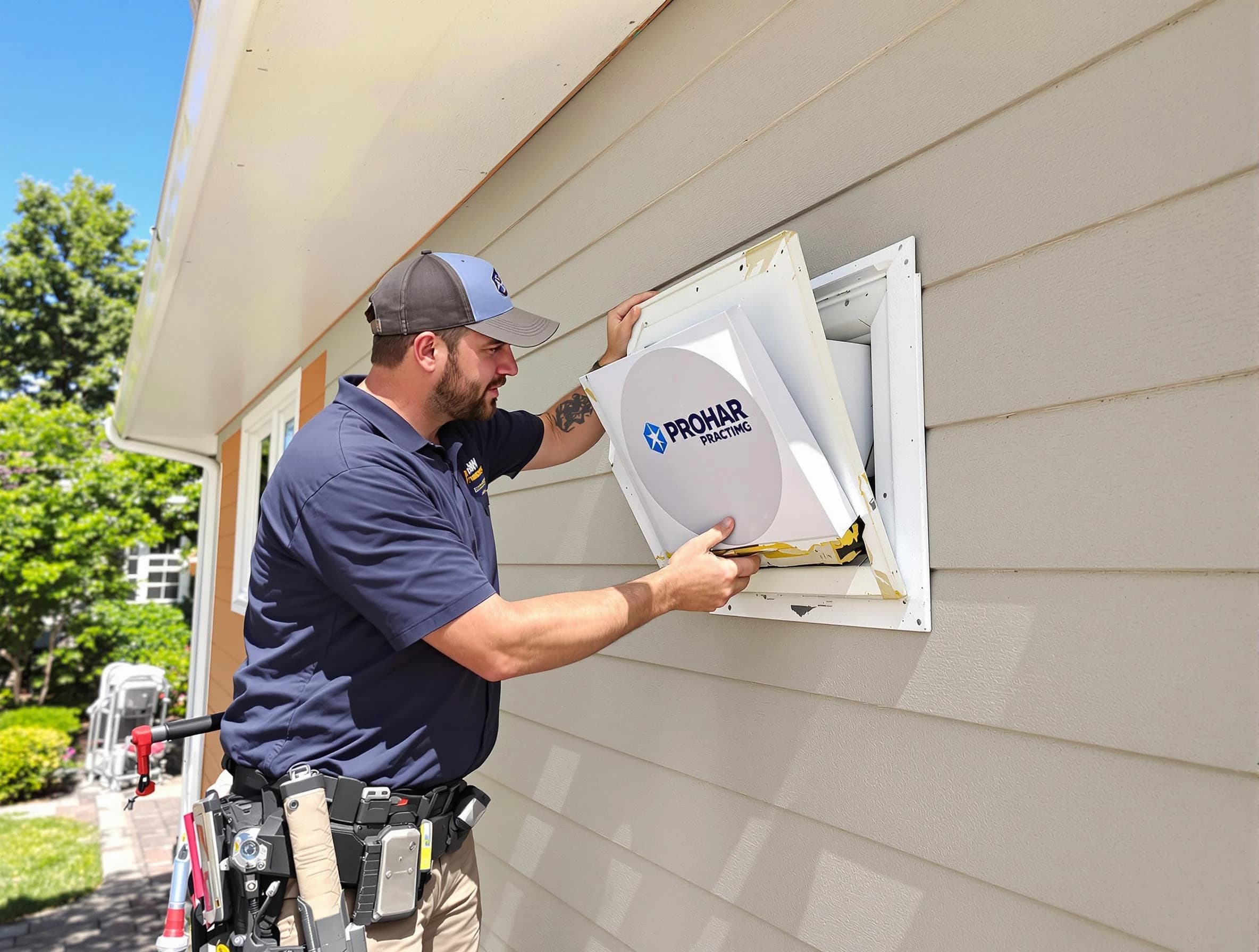 Midfield Dryer Vent Cleaning technician installing a new protective dryer vent cover on a home in Midfield