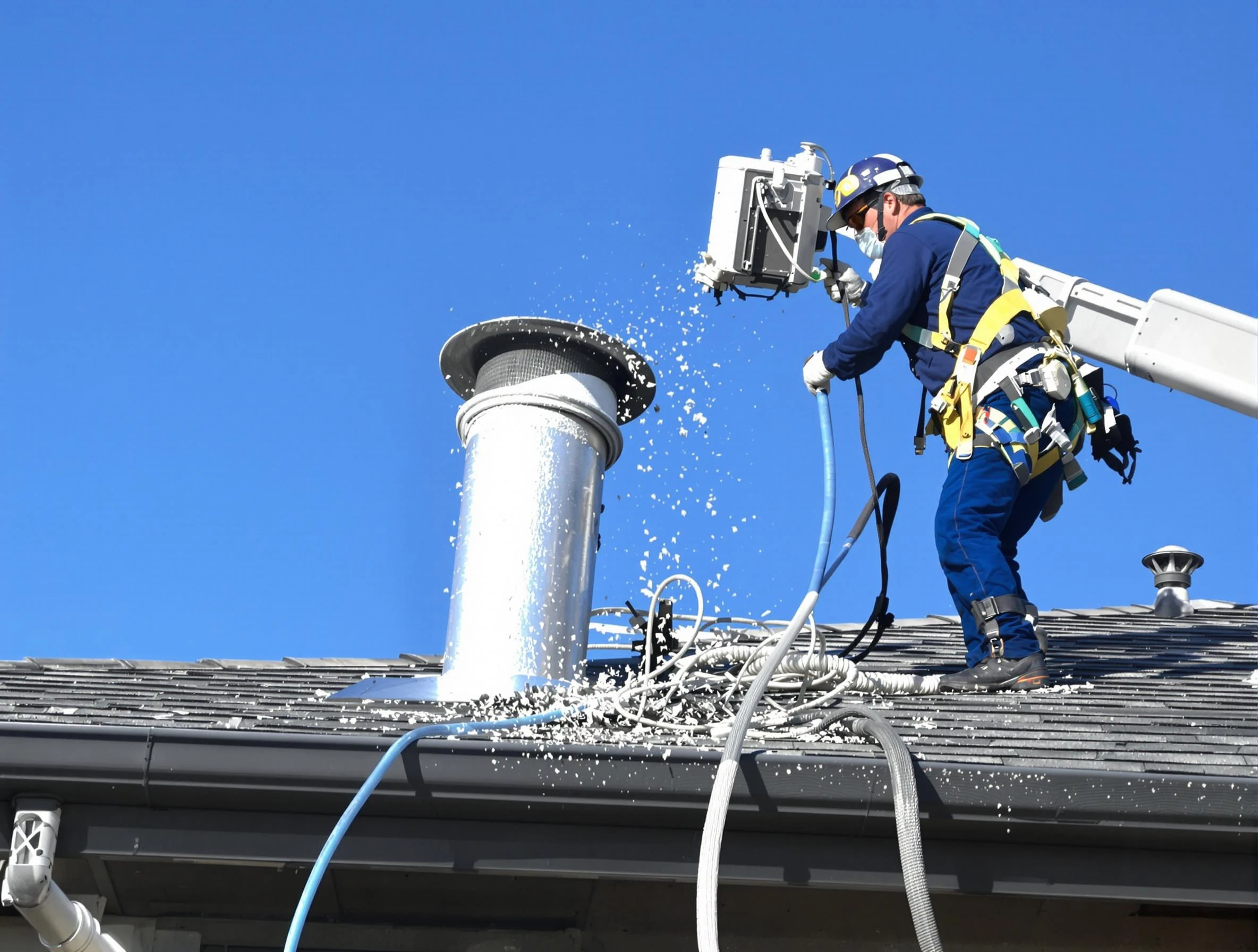 Midfield Dryer Vent Cleaning certified technician safely cleaning a roof-mounted dryer vent in Midfield
